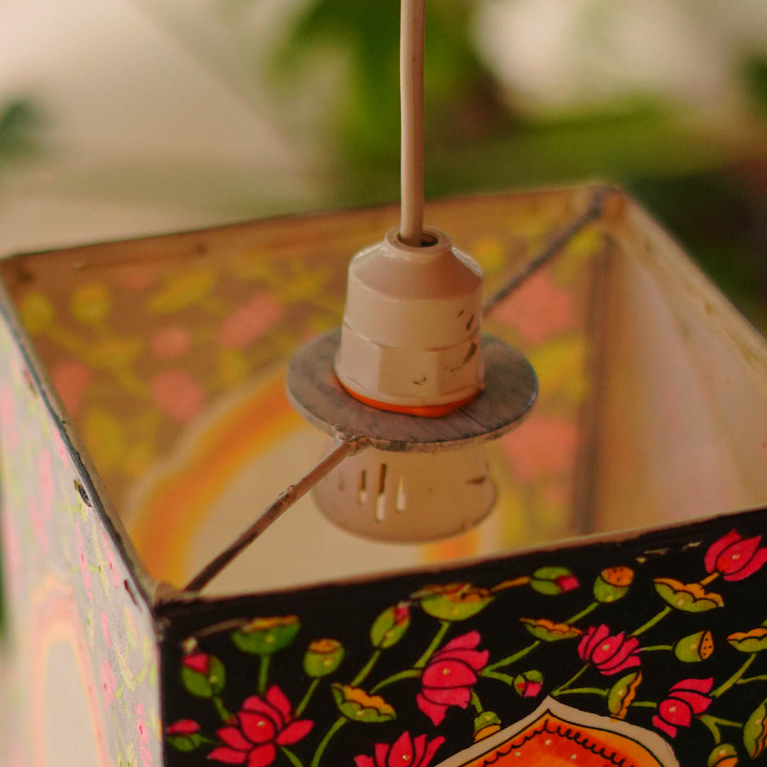 Flower Hand Painted Tholu Bommalata Parchment Leather Hanging Lamp/Kandil - Multicolour