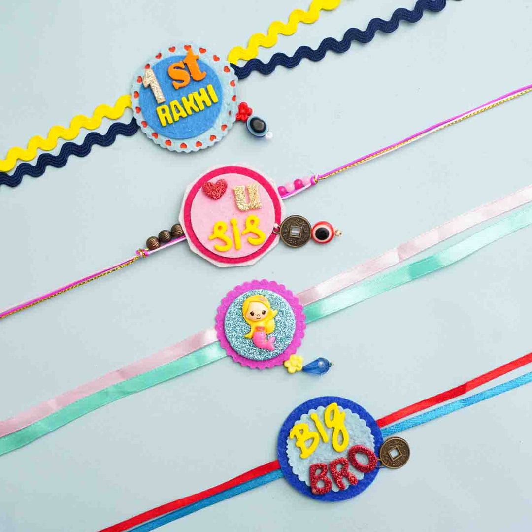 Handmade Lil Bro Theme Felt Kids Rakhi With Roli Chawal For Brother - Lined Up Multiple Rakhi Styles