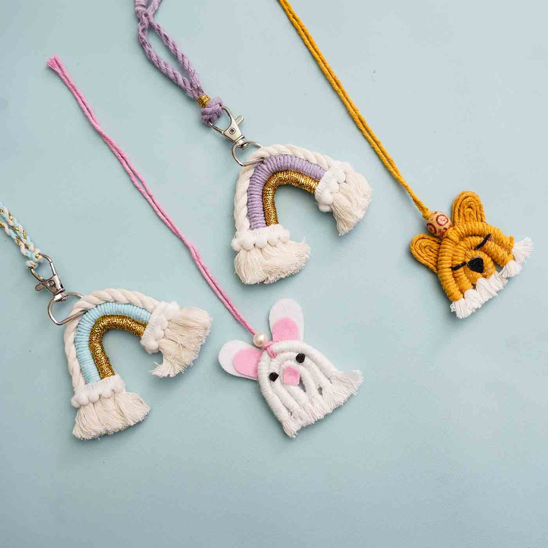 Handmade Macrame White Bunny Design Cotton Kids Rakhi For Girls With Chocolates And Roli Chawal - Group Display with Various Designs