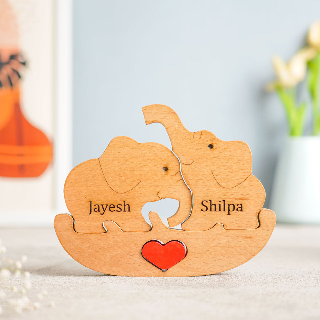 Personalized Elephant Family Of 2 Wooden Figurine