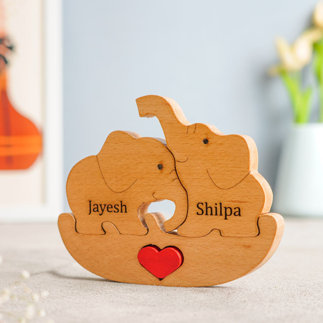 Personalized Elephant Family Of 2 Wooden Figurine