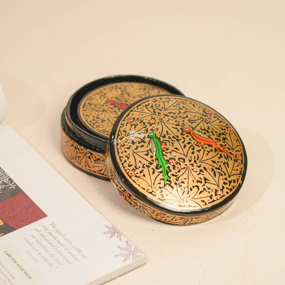 Hand-painted Bird Motif Paper Mache Coaster Set | Includes 6 Coasters, 1 Box
