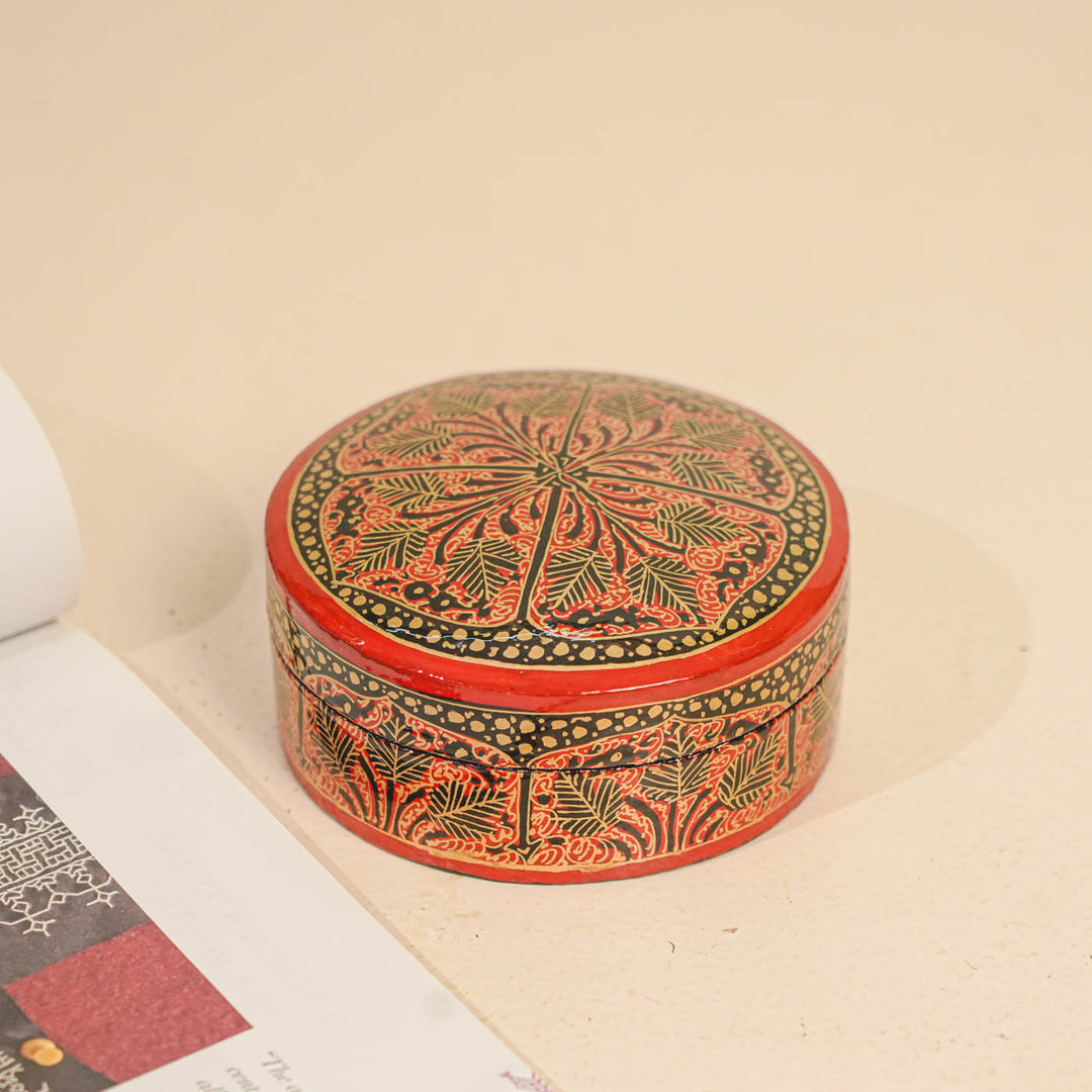 Hand-painted Red & Gold Paper Mache Coaster Set | Includes 6 Coasters, 1 Box
