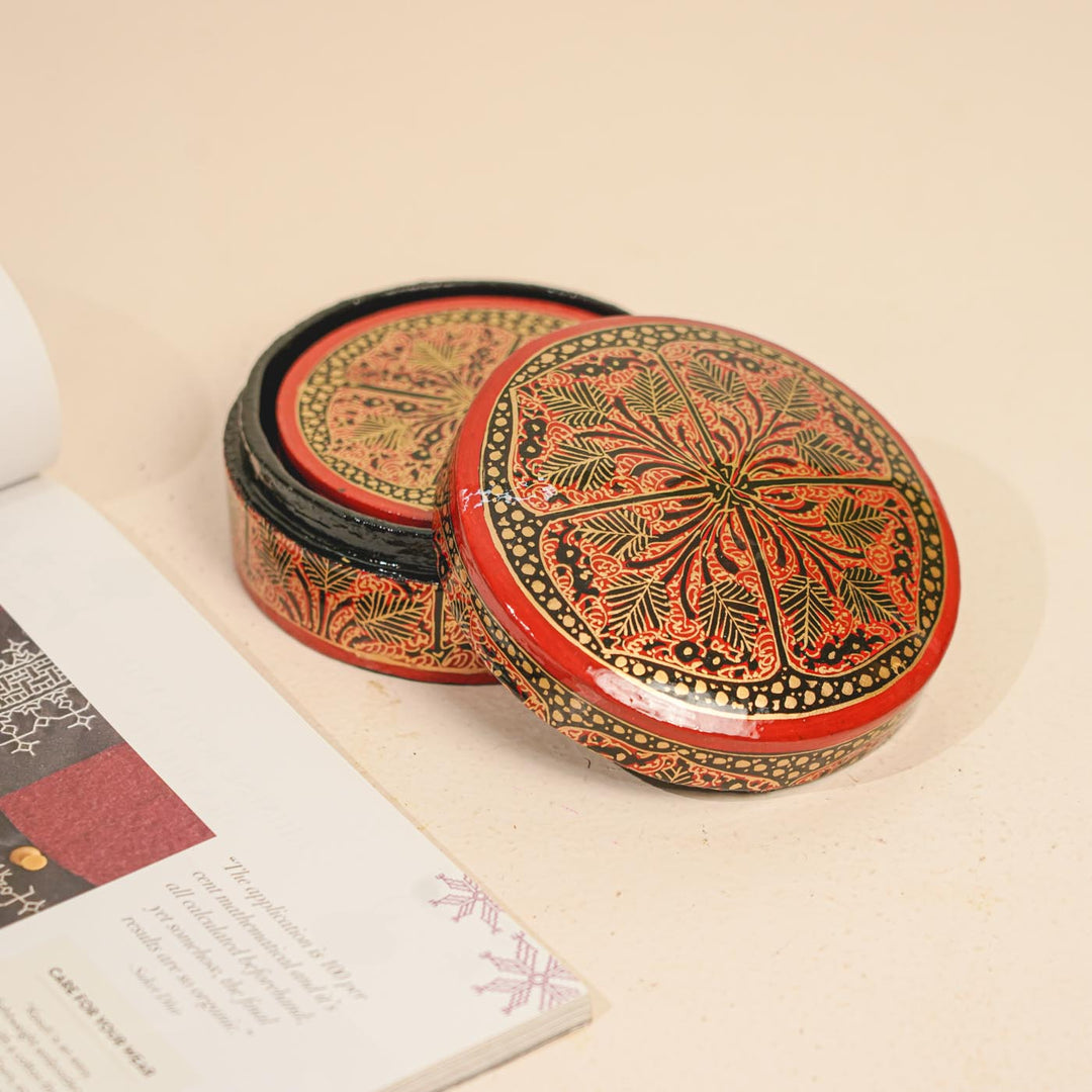 Hand-painted Red & Gold Paper Mache Coaster Set | Includes 6 Coasters, 1 Box