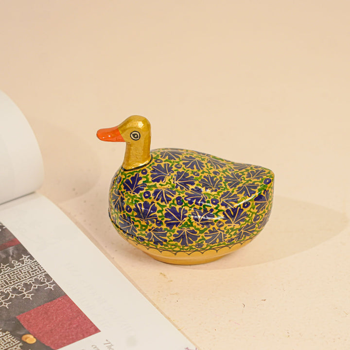 Hand-Painted Blue & Gold Kashmiri Paper Mache Duck Trinket Box