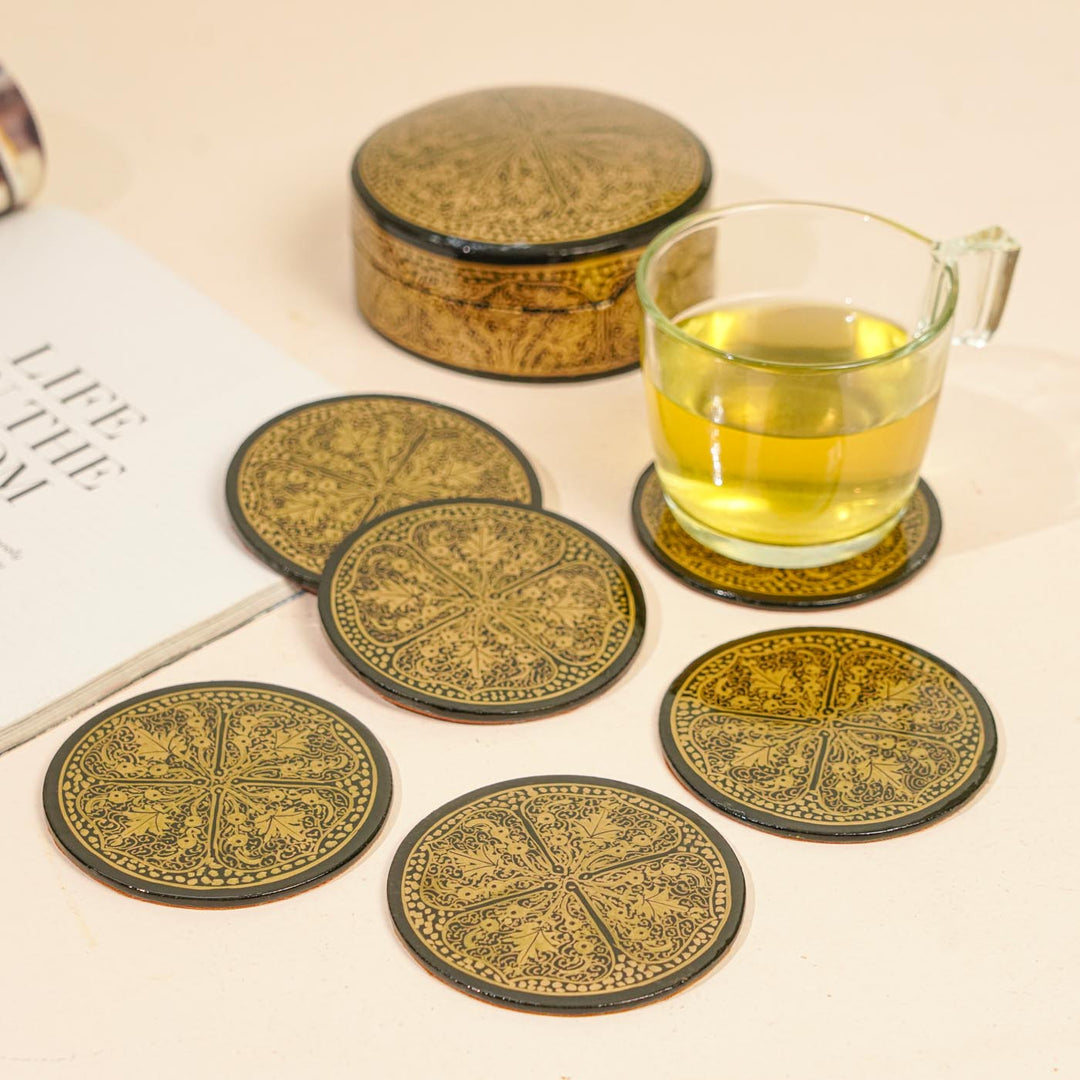 Hand-painted Black & Gold Paper Mache Coaster Set | Includes 6 Coasters, 1 Box