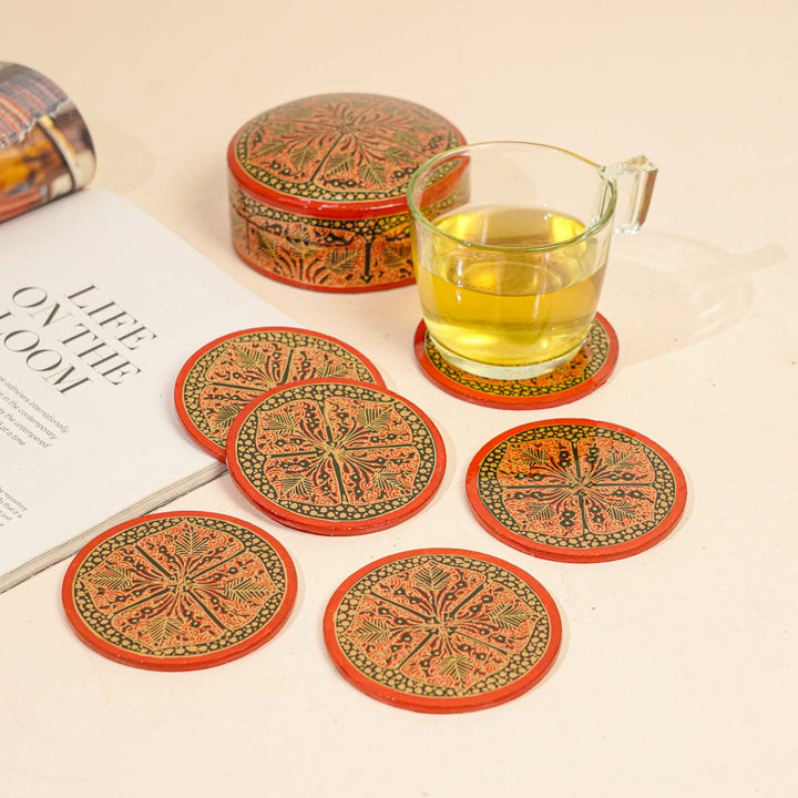 Hand-painted Red & Gold Paper Mache Coaster Set | Includes 6 Coasters, 1 Box