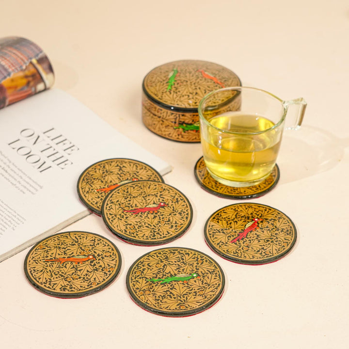 Hand-painted Bird Motif Paper Mache Coaster Set | Includes 6 Coasters, 1 Box