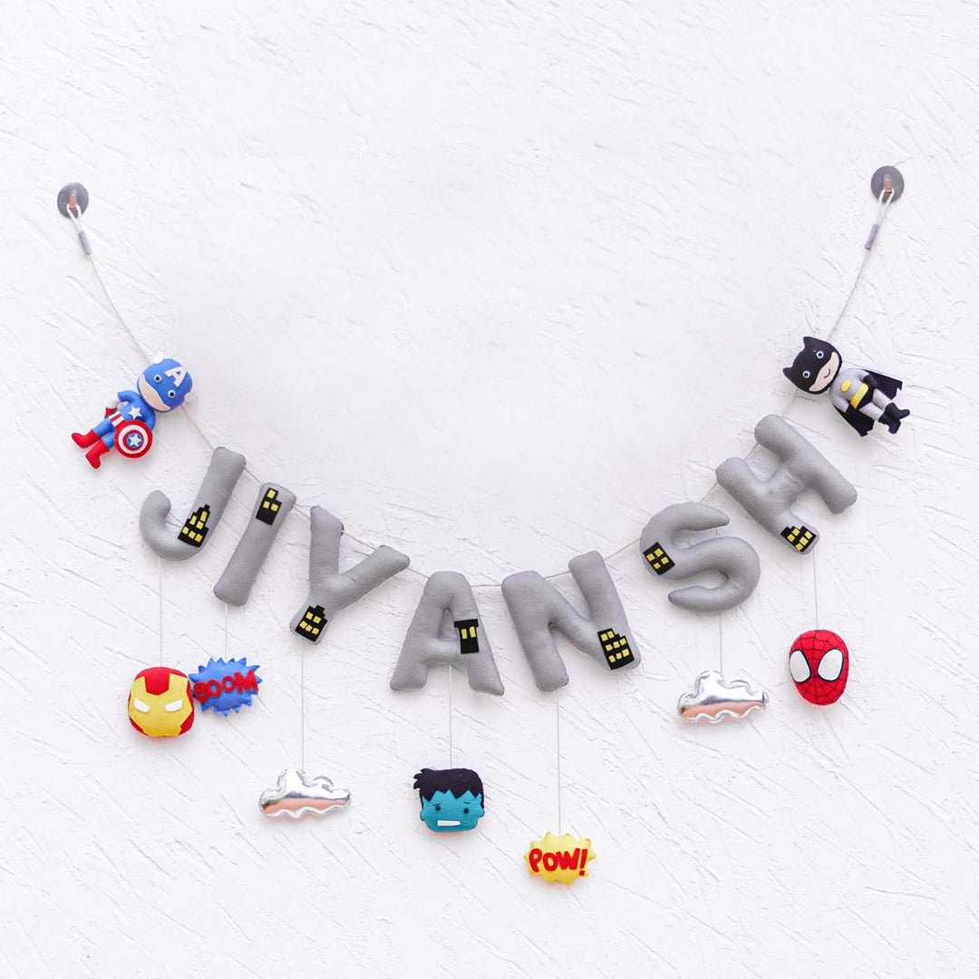 Handcrafted Personalized Themed Bunting For Kids Superhero - Front View Hanging Decor Display