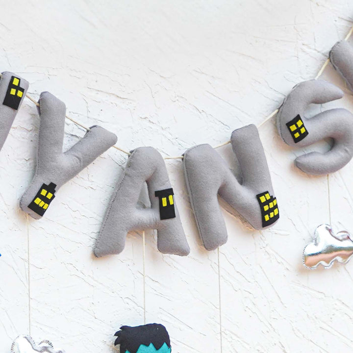 Handcrafted Personalized Themed Bunting For Kids Superhero - Hanging Letters Close-up View