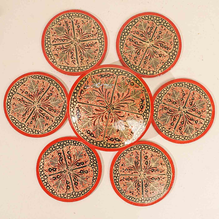 Hand-painted Red & Gold Paper Mache Coaster Set | Includes 6 Coasters, 1 Box