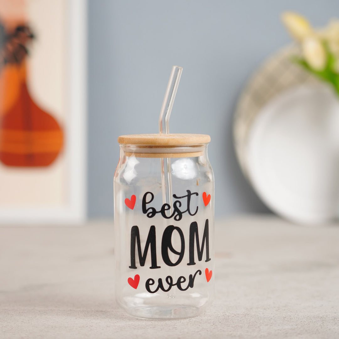 Cute "Best Mom Ever" Glass Tumbler With Straw