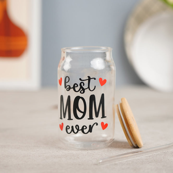 Cute "Best Mom Ever" Glass Tumbler With Straw