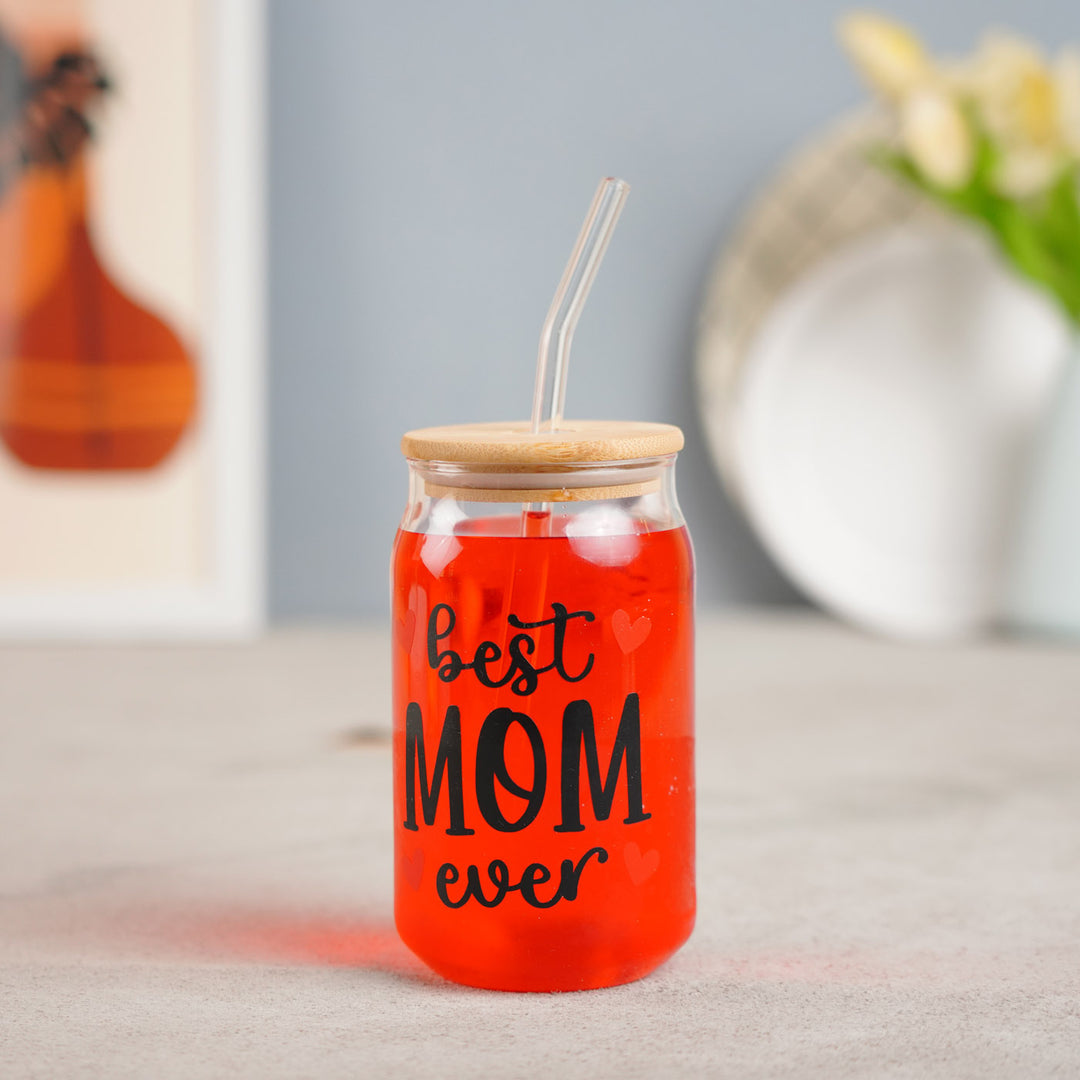 Cute "Best Mom Ever" Glass Tumbler With Straw