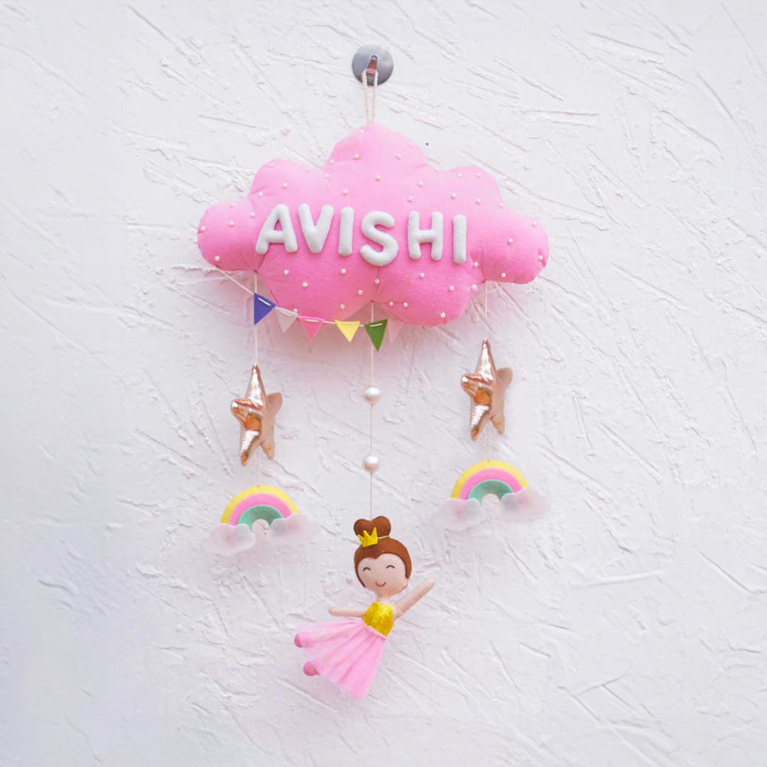 Handcrafted Personalized Cloud Theme Name Plate For Kids 3 - Front View Hanging on Wall