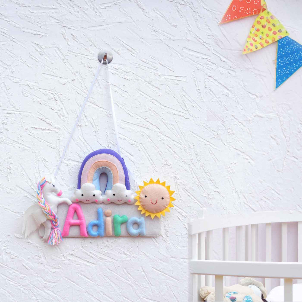 Personalized Kids Theme Felt Name Plate 6 - Hanging on Wall Above Crib
