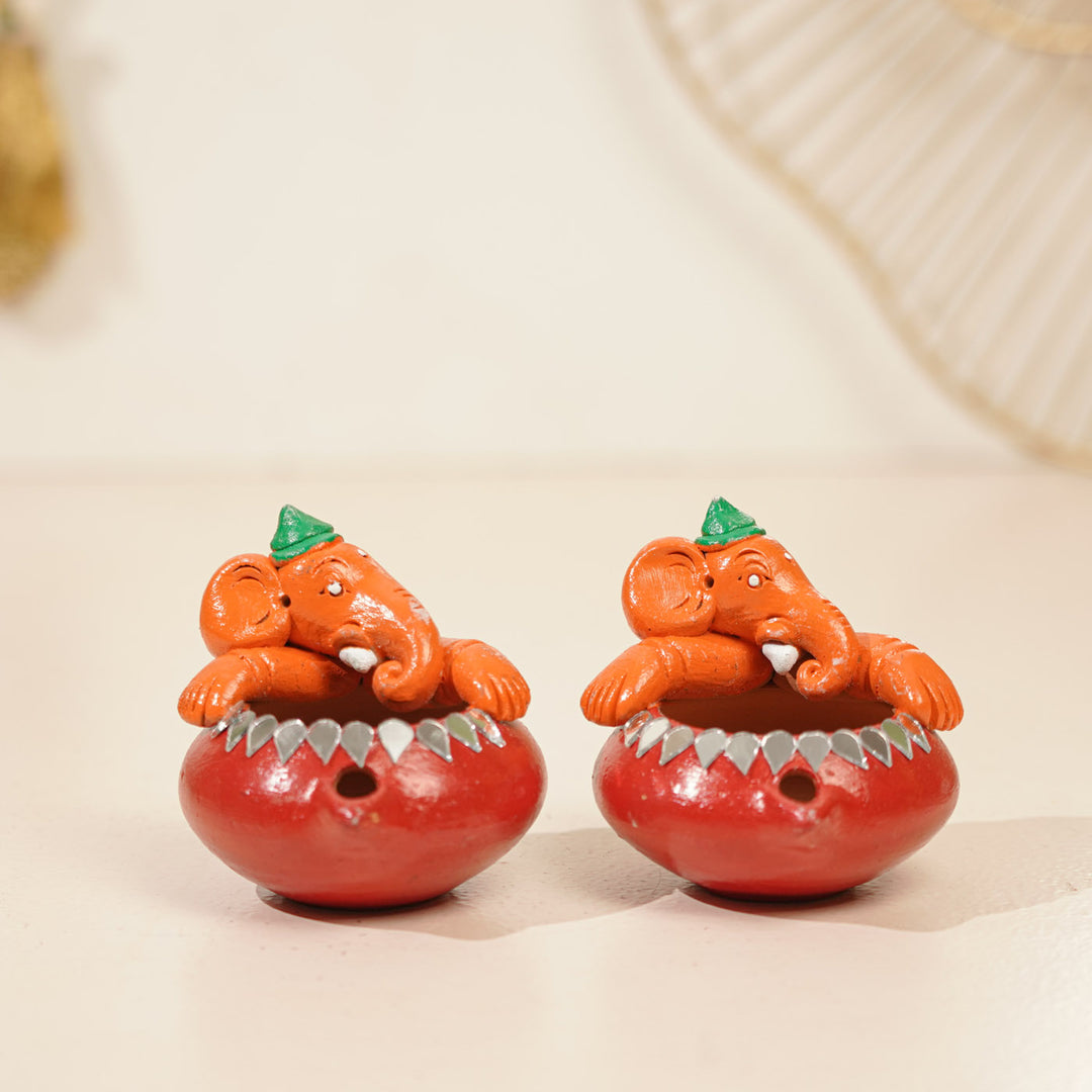Set Of 2 | Handmade Painted Ganesh Design Terracotta Oil Lamp / Diya
