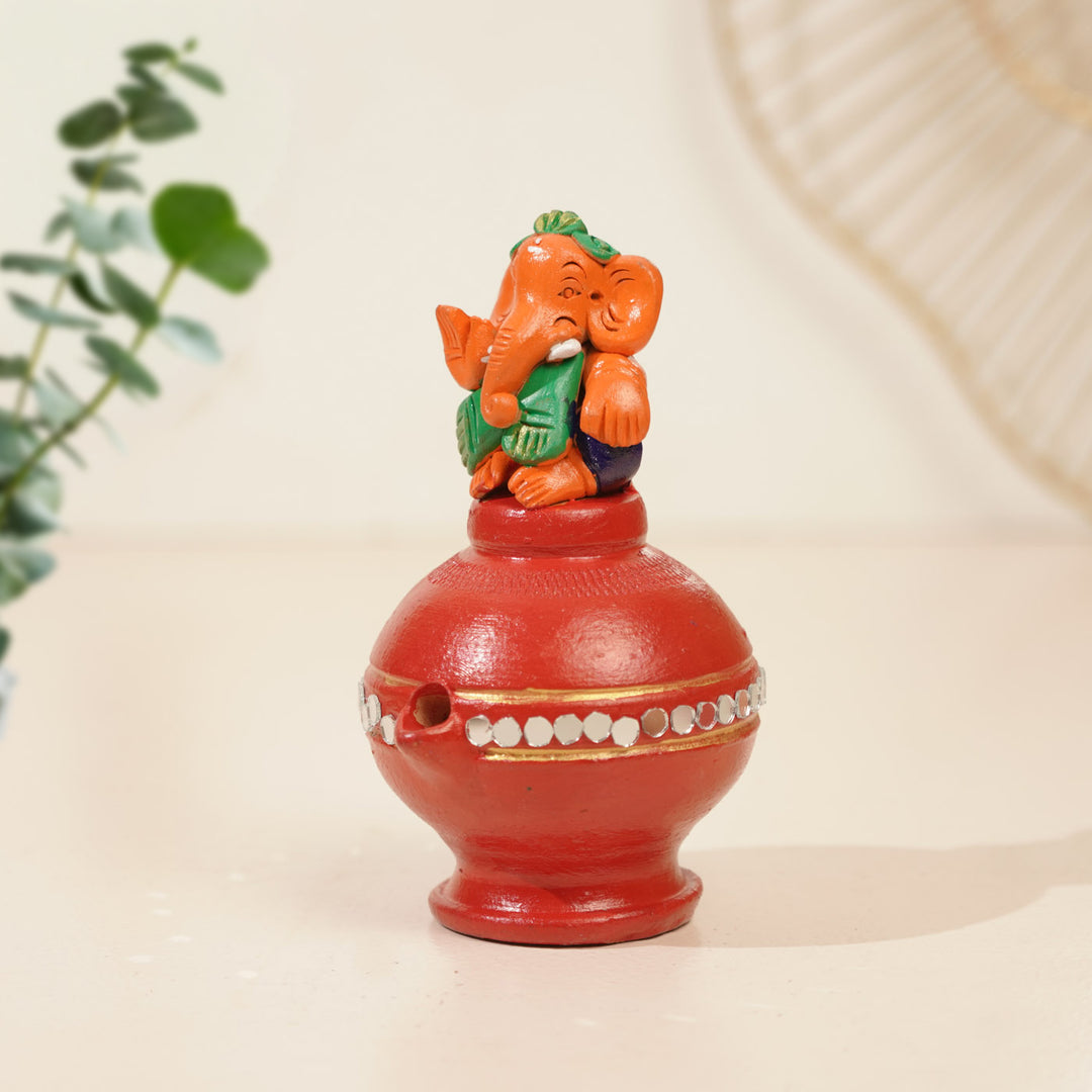 Handmade Painted Ganesh Design Terracotta Oil Lamp / Diya | Includes 1 Magic Diya And 2 Diyas
