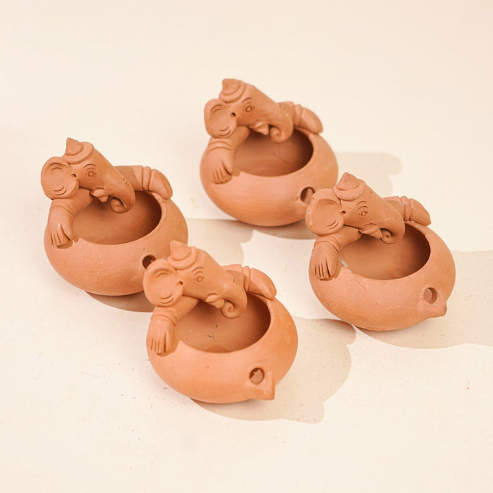 Set Of 4 | Handmade Ganesh Design Terracotta Oil Lamp / Diya