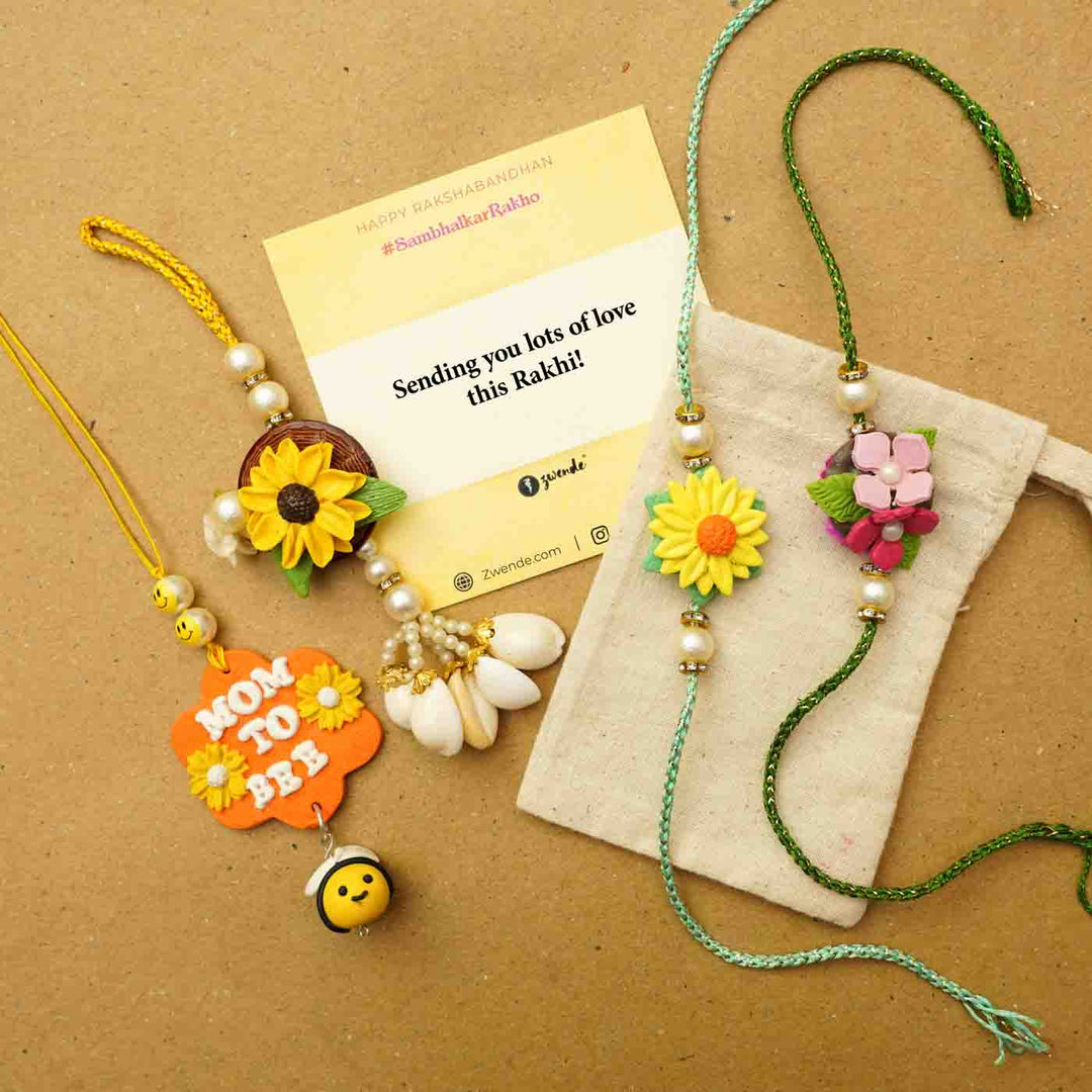 Handmade Sunflower Clay Bhaiya Bhabhi Rakhi With Chocolates And Roli Chawal Set Of 2 - Rakhi Set With Message Card
