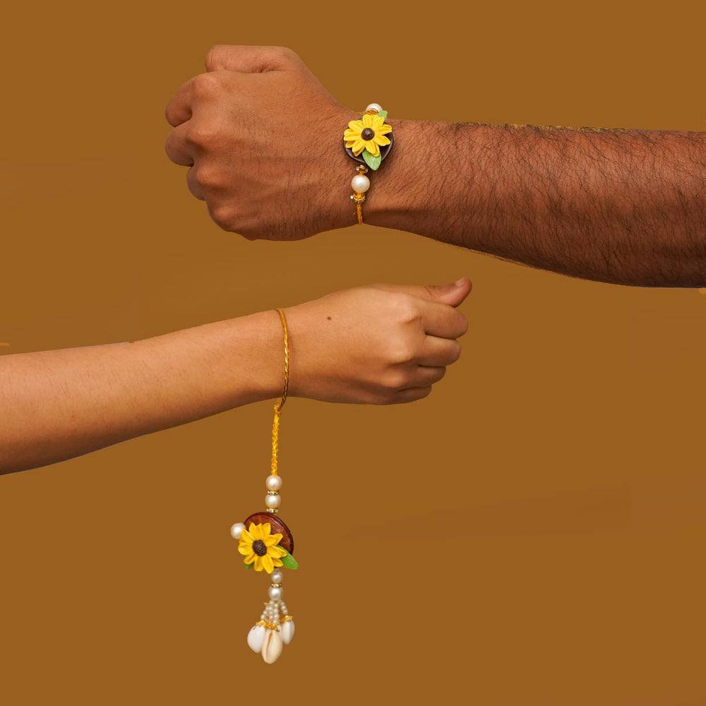 Handmade Sunflower Clay Bhaiya Bhabhi Rakhi With Chocolates And Roli Chawal Set Of 2 - Rakhis Worn on Wrist