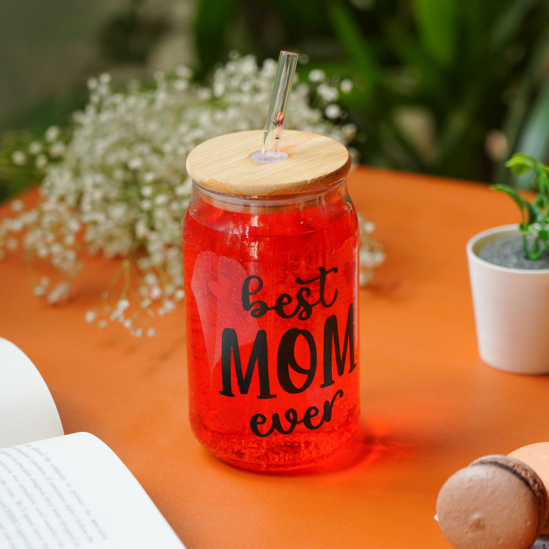 Cute "Best Mom Ever" Glass Tumbler With Straw