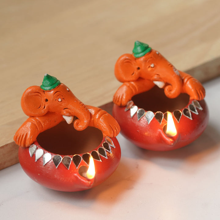 Set Of 2 | Handmade Painted Ganesh Design Terracotta Oil Lamp / Diya