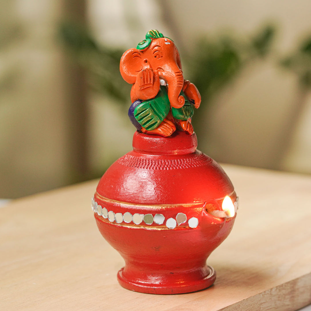 Handmade Painted Ganesh Design Terracotta Oil Lamp / Diya | Includes 1 Magic Diya And 2 Diyas
