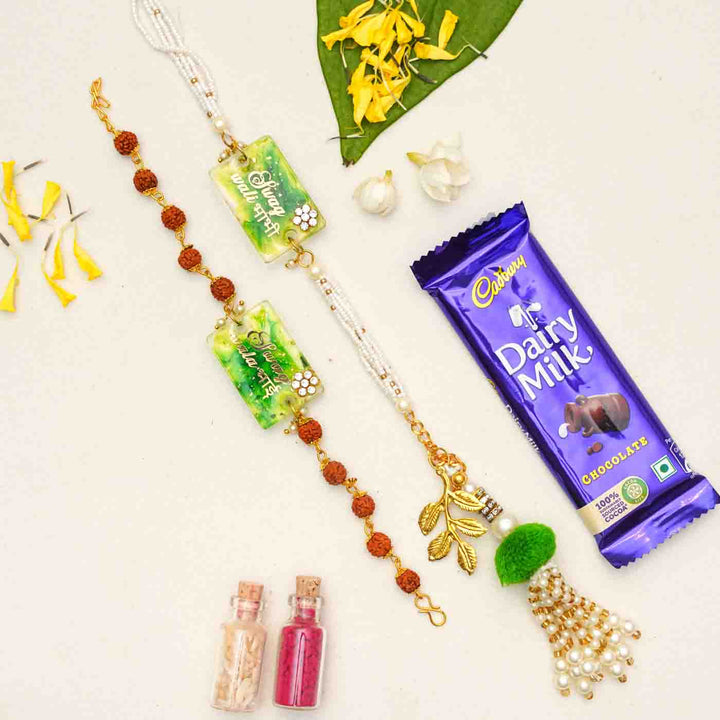 Handmade Resin Swag Wala Bhai And Swag Wali Bhabhi Rakhi With Chocolates And Roli Chawal Set Of 2 - Rakhi pair with chocolate gift set