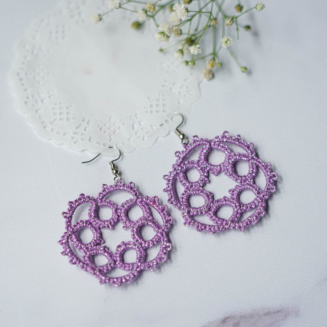 Handmade Tatting Violet Star Burst Cotton Metallic Earrings