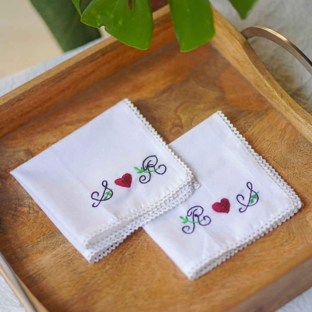 2 Pc | Personalized Hand Embroidered Red Heart Cotton Handkerchief For Couples