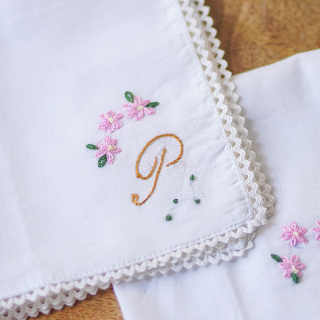 2 Pc | Personalized Hand Embroidered Victorian Floral Cotton Handkerchief