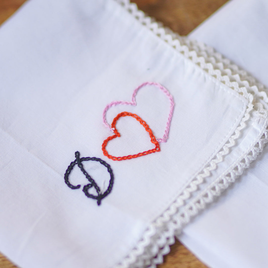 2 Pc | Personalized Hand Embroidered Double Heart Cotton Handkerchief