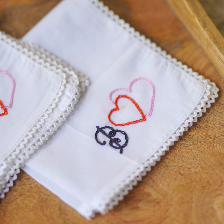 2 Pc | Personalized Hand Embroidered Double Heart Cotton Handkerchief