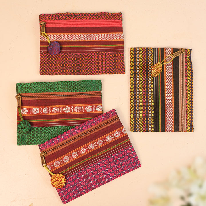 Assorted Cotton Khunn Purse With Floral Charm | Set Of 4