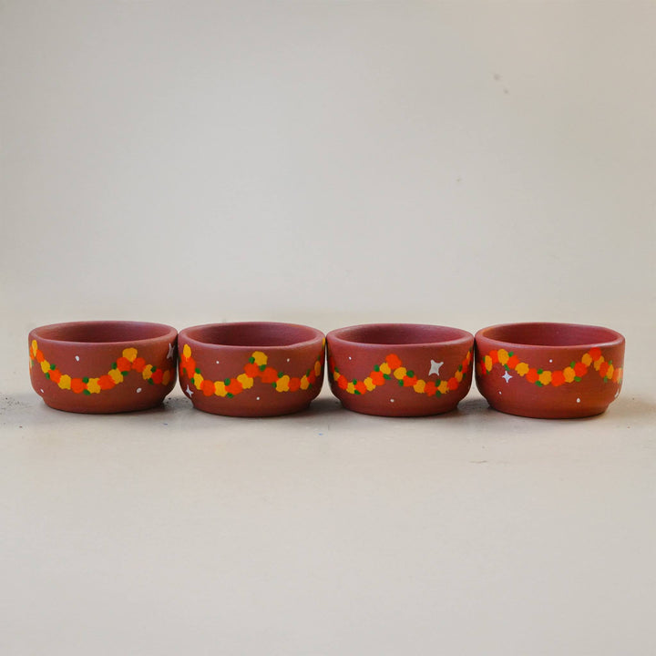 16 Pc | Hand-Painted Garland Terracotta Diya & Tealight Holders For Festive Decor