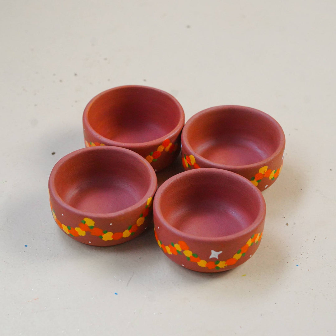 16 Pc | Hand-Painted Garland Terracotta Diya & Tealight Holders For Festive Decor