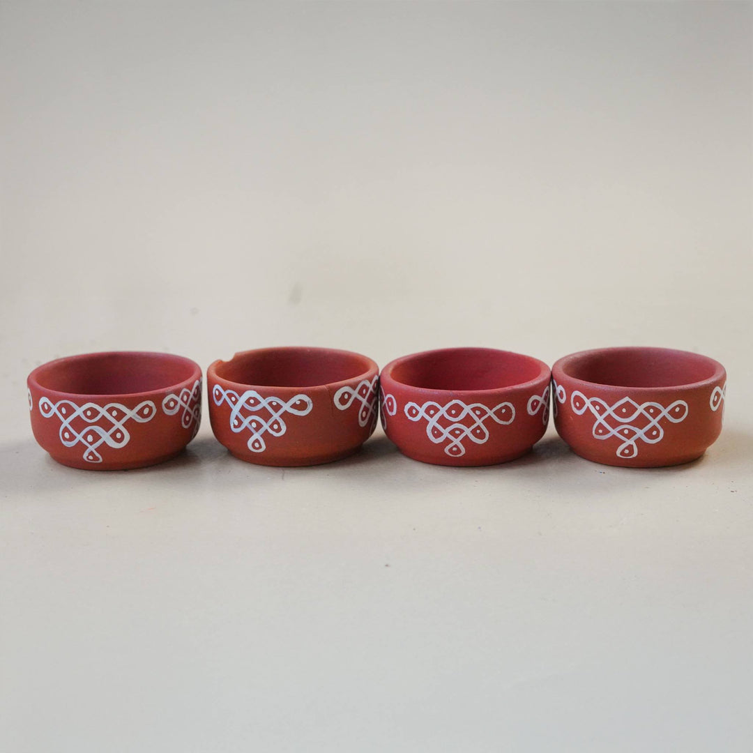 16 Pc | Hand-Painted Kolam Wave Terracotta Diya & Tealight Holders For Festive Decor