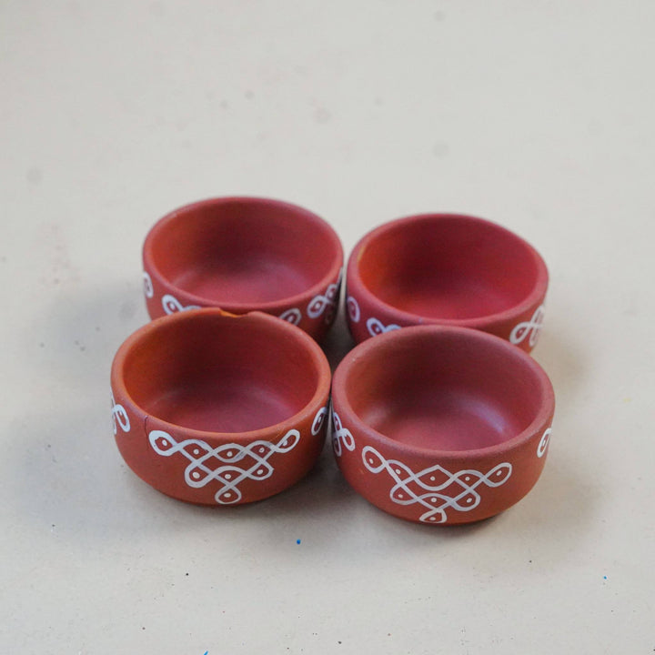 16 Pc | Hand-Painted Kolam Wave Terracotta Diya & Tealight Holders For Festive Decor