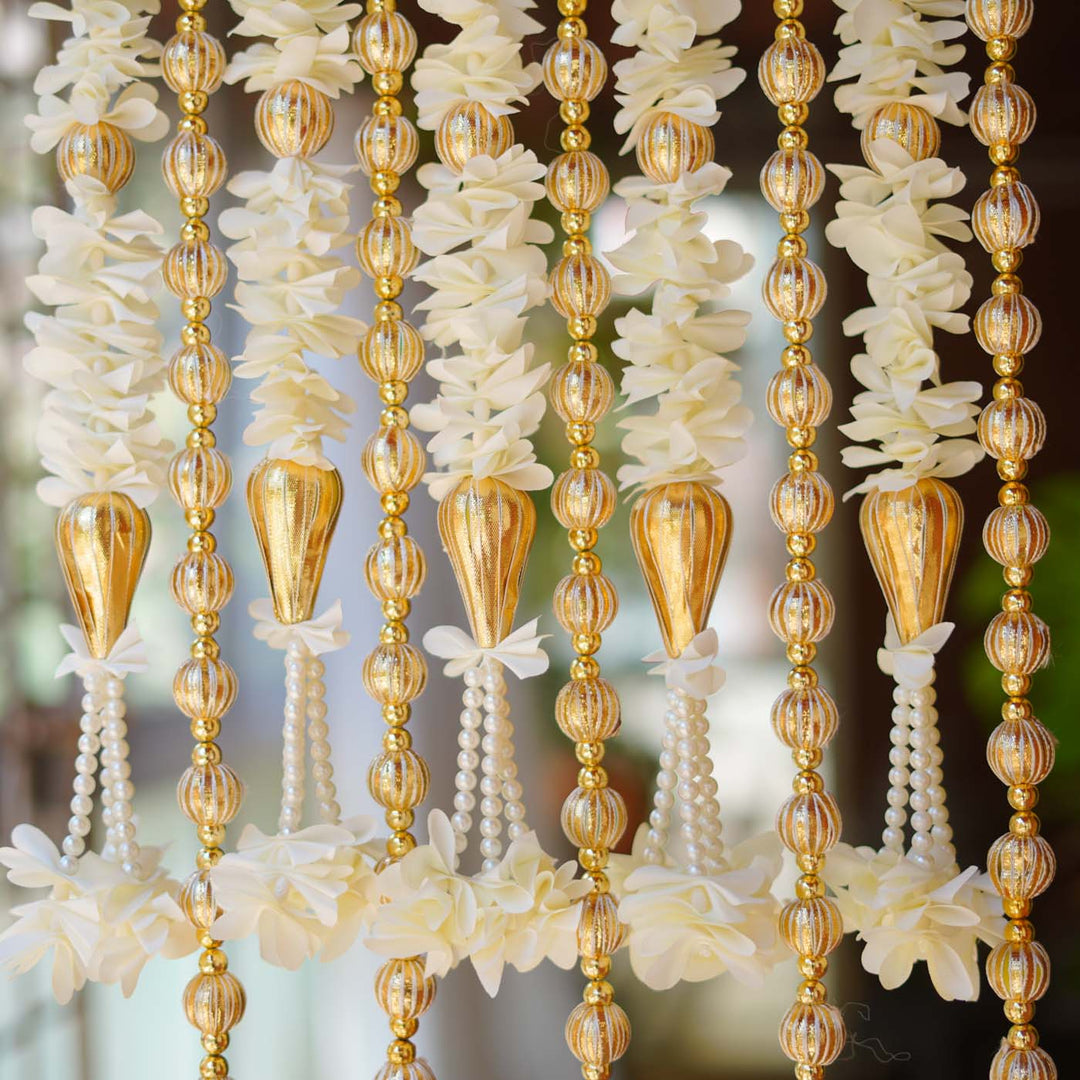 10 Pc | Shwet Gota Hanging Set with White Floral & Gold Bead Strings