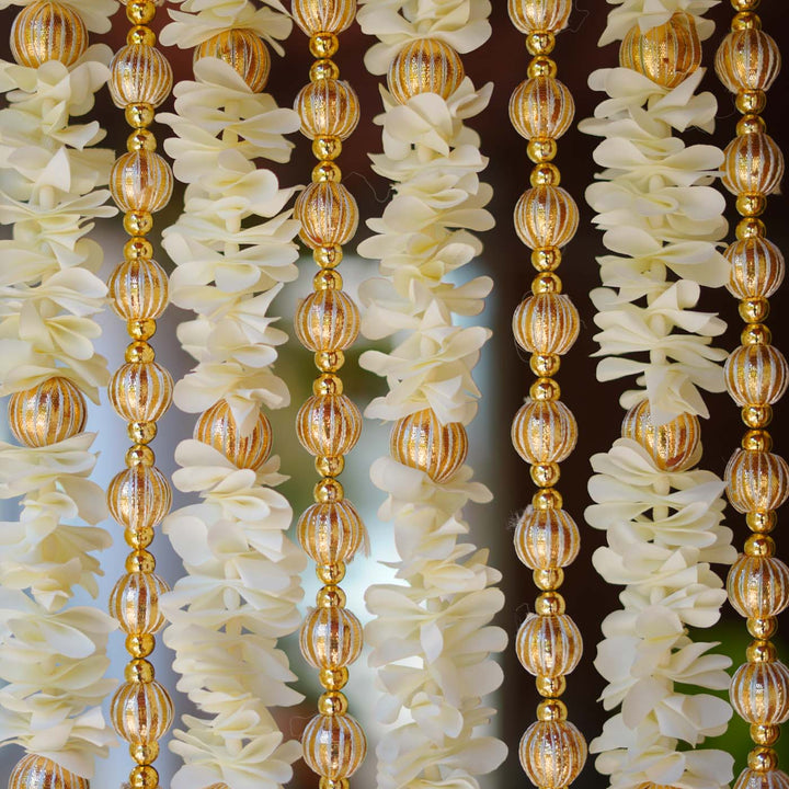 10 Pc | Shwet Gota Hanging Set with White Floral & Gold Bead Strings