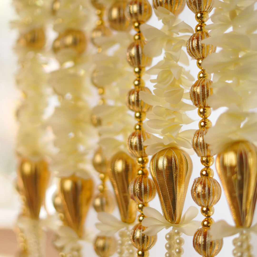 10 Pc | Shwet Gota Hanging Set with White Floral & Gold Bead Strings