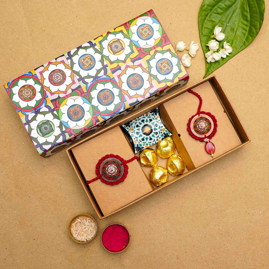 Handmade Crochet Mandala Cotton Rakhi Hamper For Bhaiya And Bhabhi Set Of 7 - Gift Box Arrangement