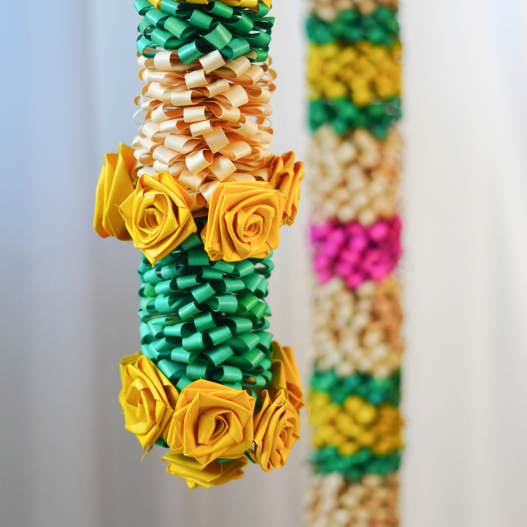 2 Pc | Handcrafted Looped Palm Leaf Door Hanging With Floral Pattern - Yellow & Pink