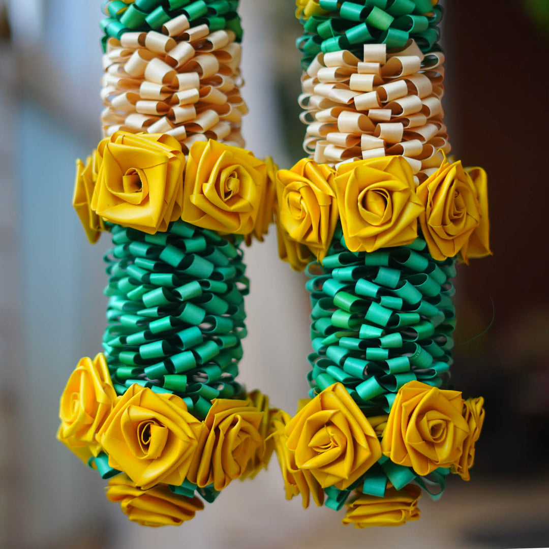 2 Pc | Handcrafted Looped Palm Leaf Door Hanging With Floral Pattern - Yellow & Pink