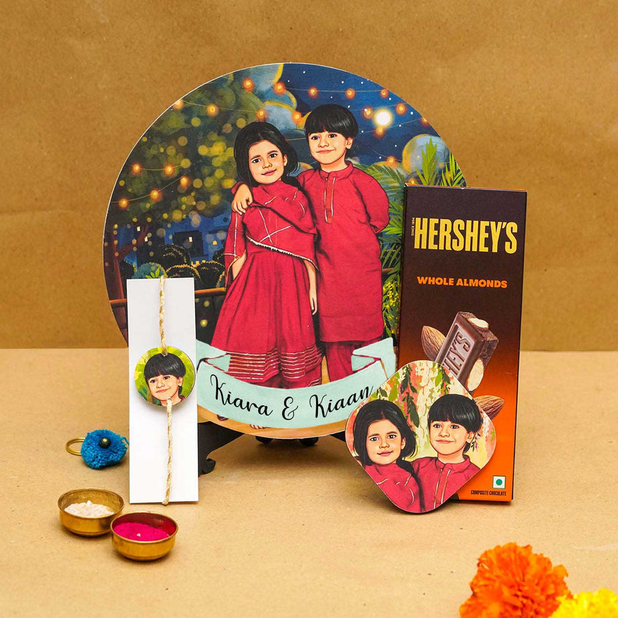 Photo Customized Rakhi Hamper With Caricature Nameplate 3 - Gift Set Display