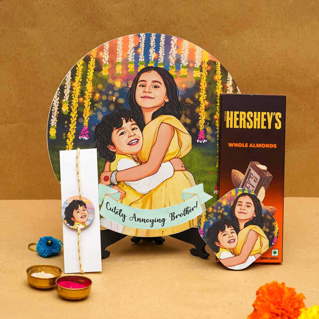 Photo Customized Rakhi Hamper With Caricature Nameplate - Gift Set Display with Accessories