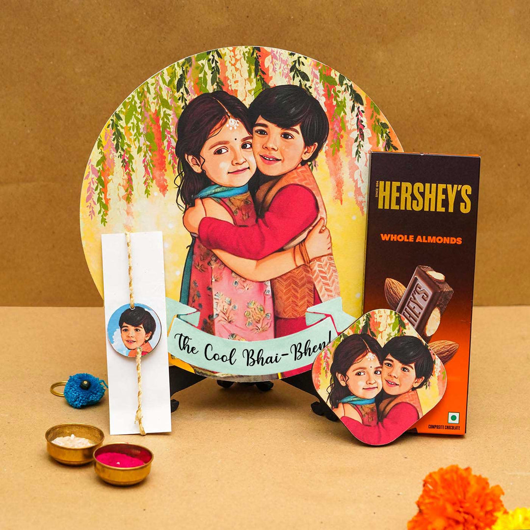 Photo Customized Rakhi Hamper With Caricature Nameplate 1 - Gift Set Display with Accessories