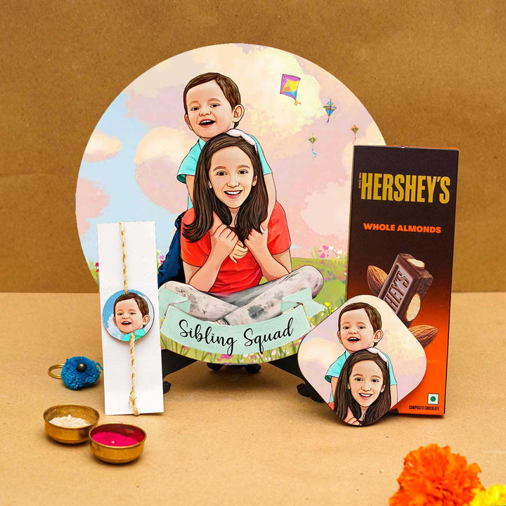Photo Customized Rakhi Hamper With Caricature Nameplate Sibling Squad - Product Set Display