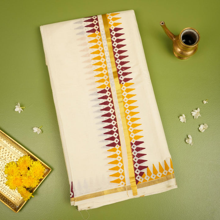 Temple Motif Dhoti | Hand Block Printed Traditional Kasavu Dhoti With Golden Zari | Onam Special | 3.5m